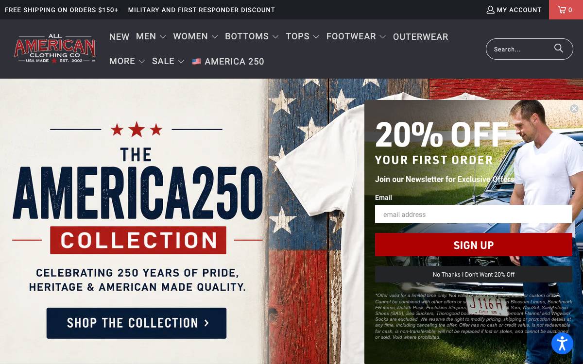 Screenshot of the website reached at allamericanclothing.com