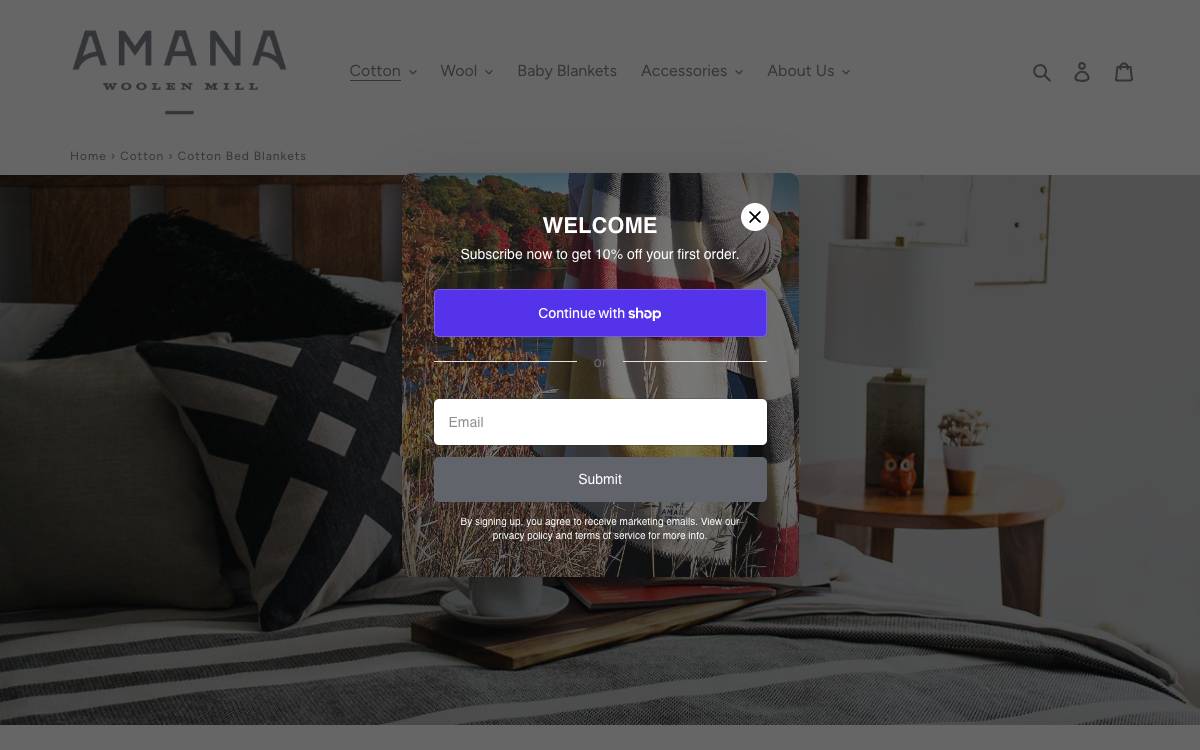 Screenshot of the website reached at amanawoolenmill.com