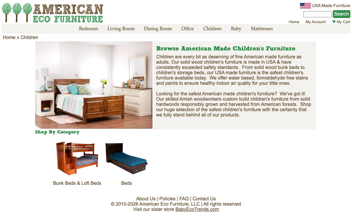 Screenshot of the website reached at americanecofurniture.com
