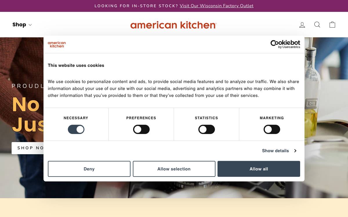 Screenshot of the website reached at americankitchencookware.com