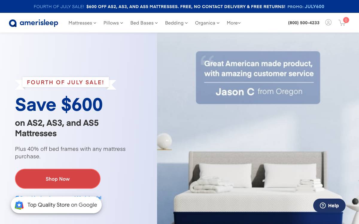 Screenshot of the website reached at amerisleep.com