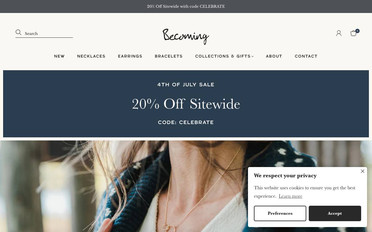 Screenshot of the website reached at becomingjewelry.com