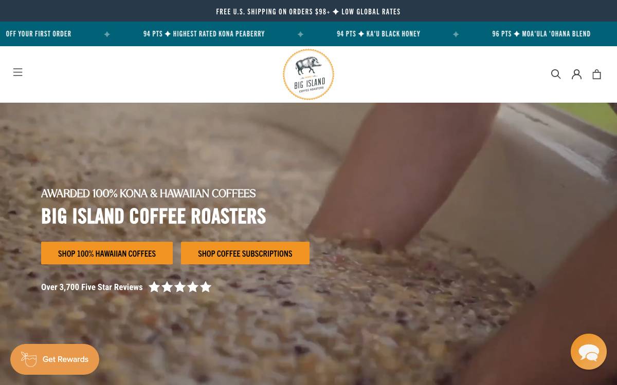 Screenshot of the website reached at bigislandcoffeeroasters.com