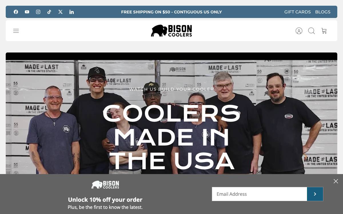 Screenshot of the website reached at bisoncoolers.com