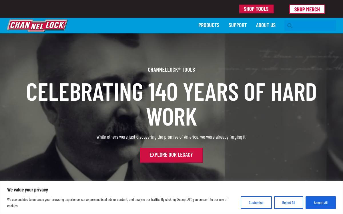 Screenshot of the website reached at channellock.com