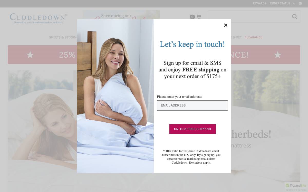 Screenshot of the website reached at cuddledown.com
