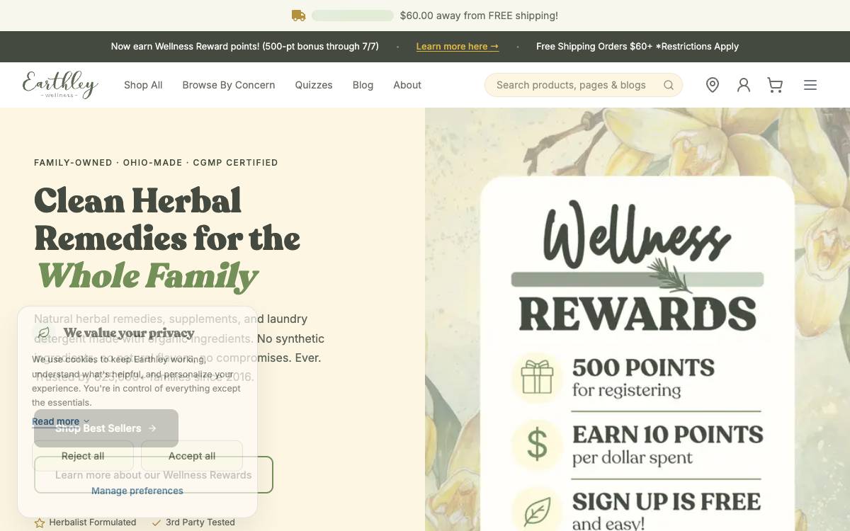 Screenshot of the website reached at earthley.com