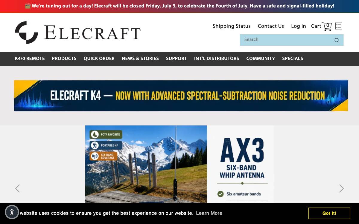 Screenshot of the website reached at elecraft.com