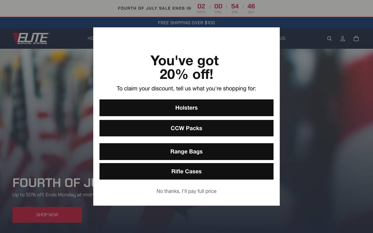 Screenshot of the website reached at elitesurvival.com