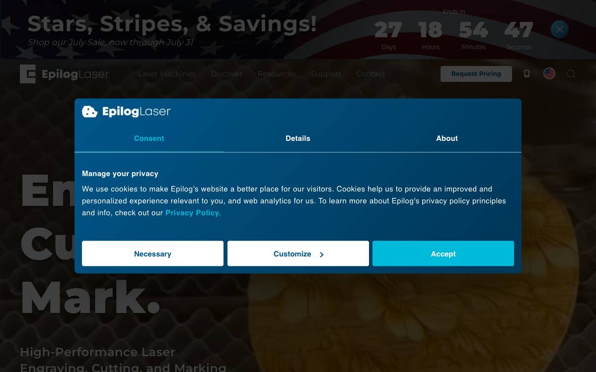 Screenshot of the website reached at epiloglaser.com