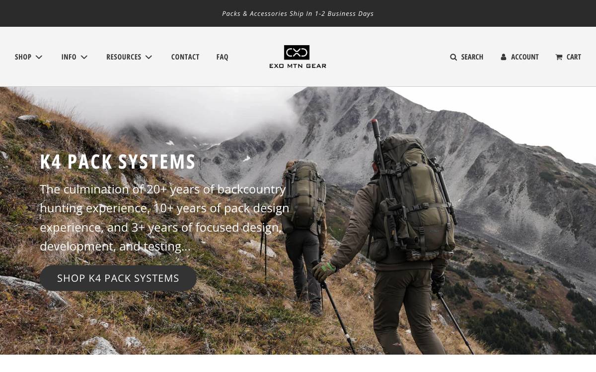 Screenshot of the website reached at exomtngear.com