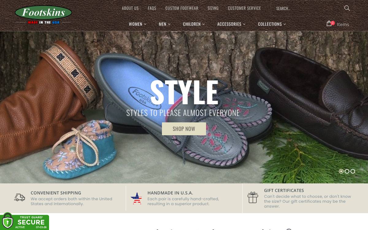 Screenshot of the website reached at footwearbyfootskins.com