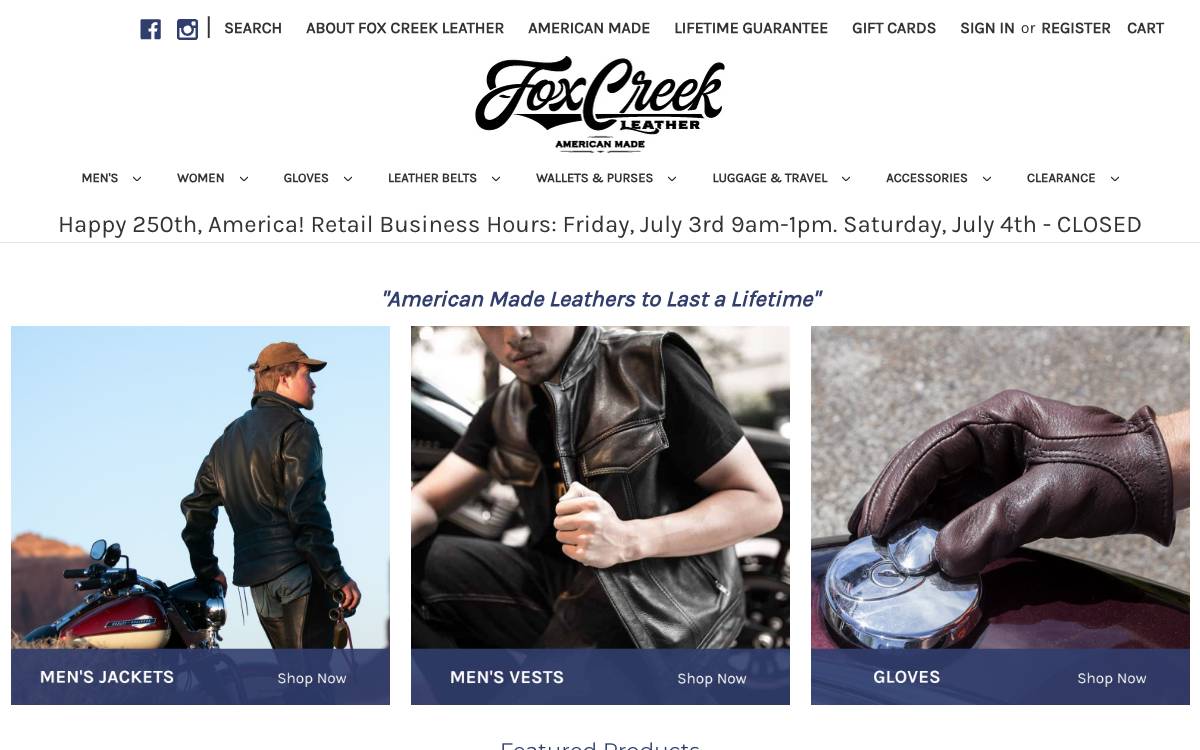 Screenshot of the website reached at foxcreekleather.com