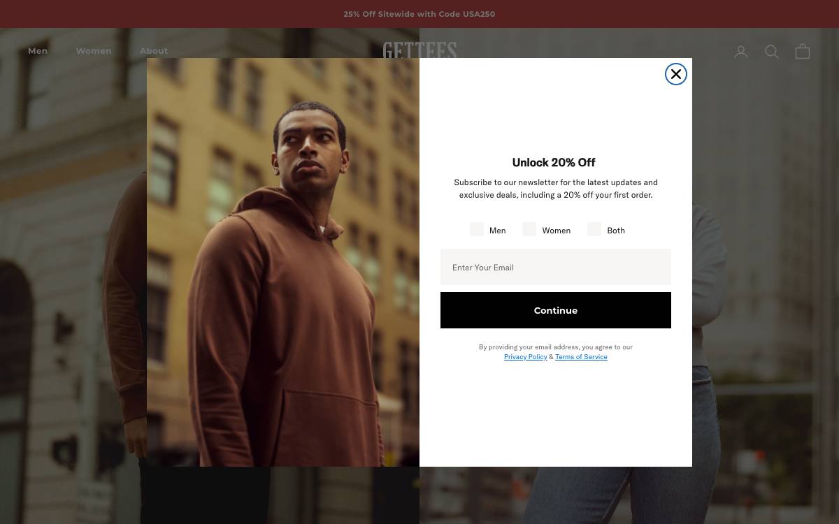 Screenshot of the website reached at gettees.us