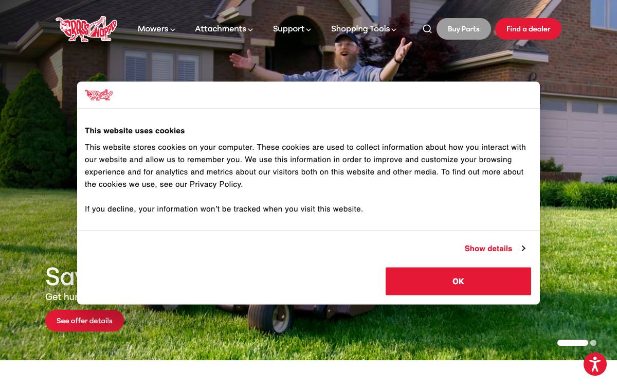 Screenshot of the website reached at grasshoppermower.com