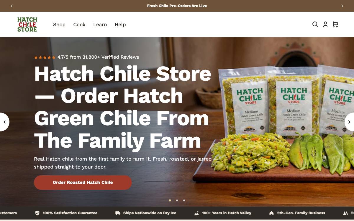 Screenshot of the website reached at hatch-green-chile.com