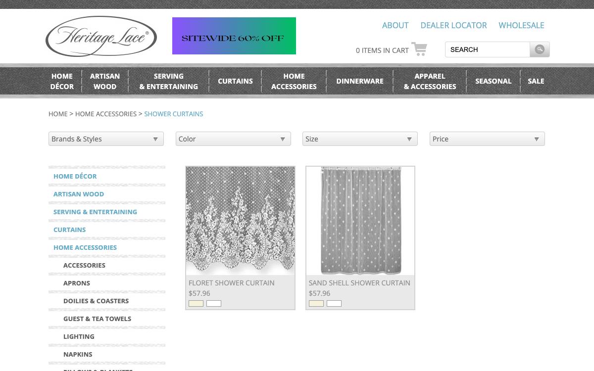 Screenshot of the website reached at heritagelace.com