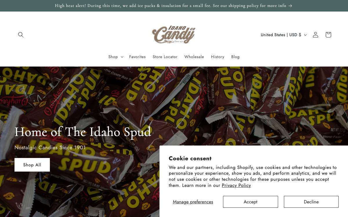 Screenshot of the website reached at idahospud.com