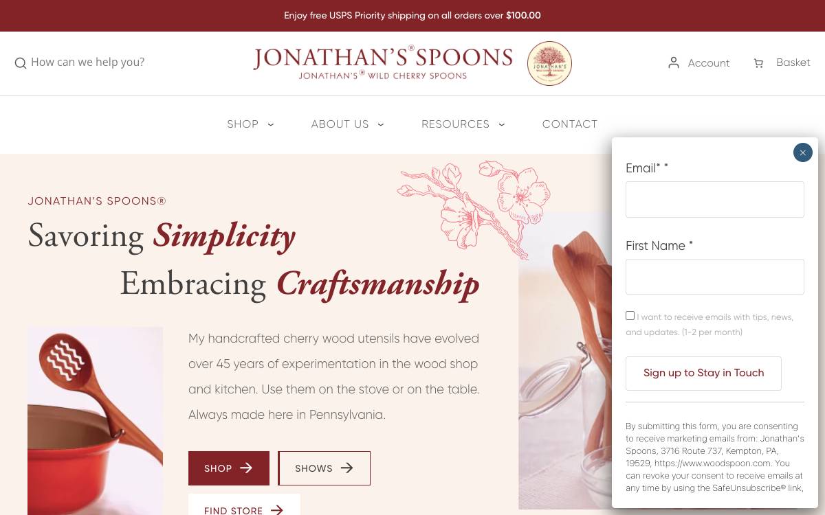 Screenshot of the website reached at woodspoon.com