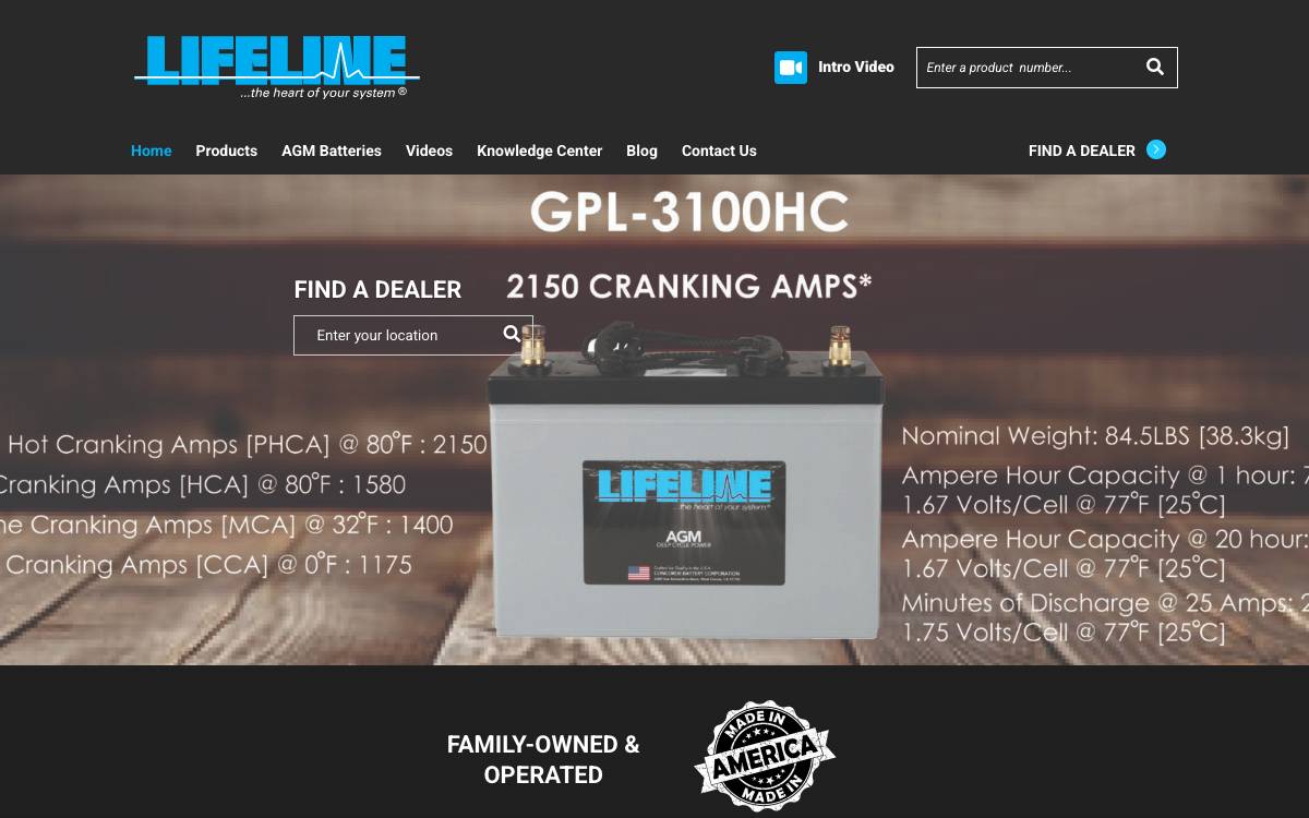 Screenshot of the website reached at lifelinebatteries.com