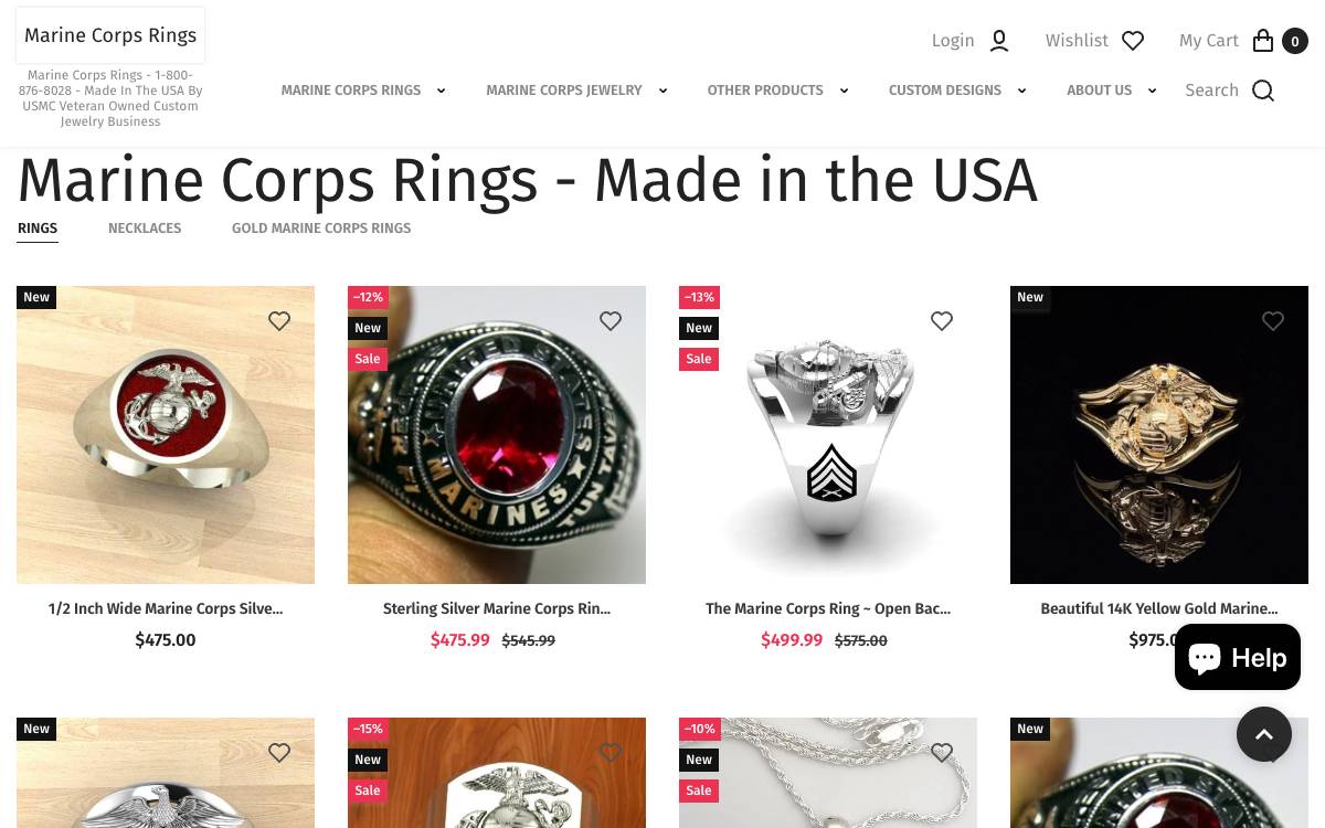 Screenshot of the website reached at marinecorpsrings.com