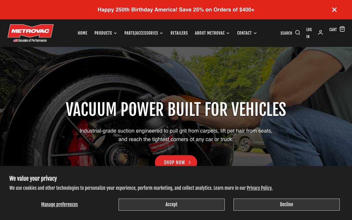 Screenshot of the website reached at metrovac.com