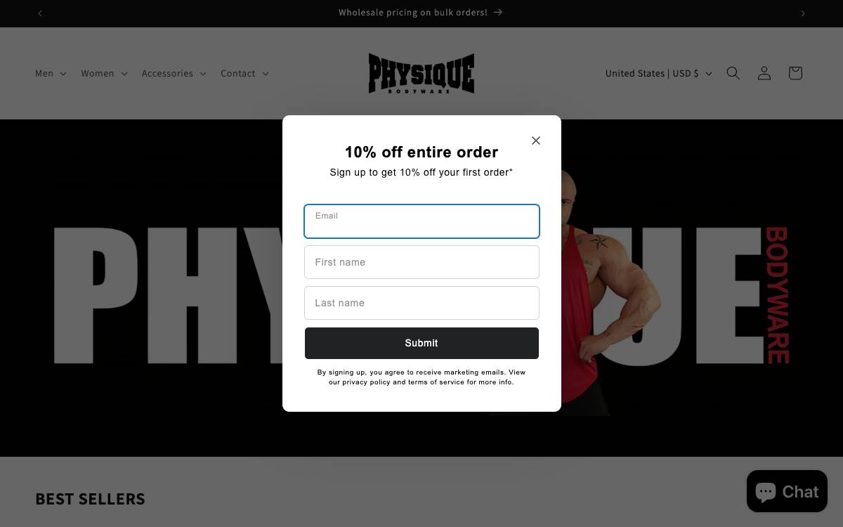 Screenshot of the website reached at physiquebodywareusa.com