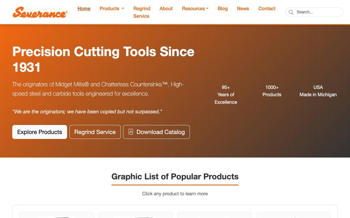 Screenshot of the website reached at severancetool.com