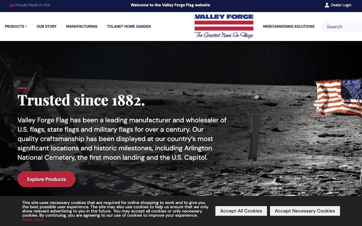 Screenshot of the website reached at valleyforgeflag.com