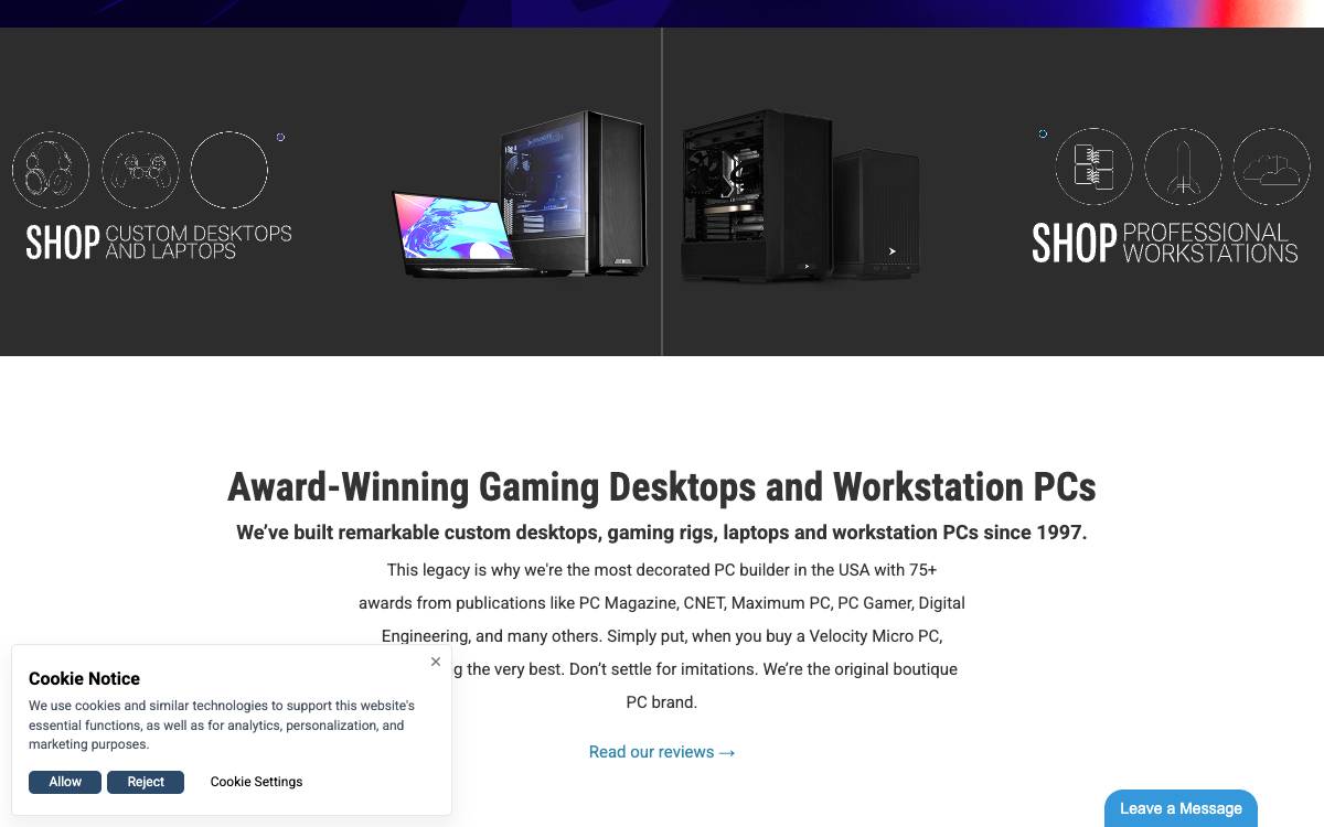 Screenshot of the website reached at velocitymicro.com
