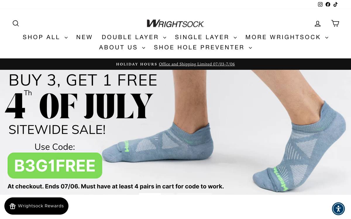 Screenshot of the website reached at wrightsock.com